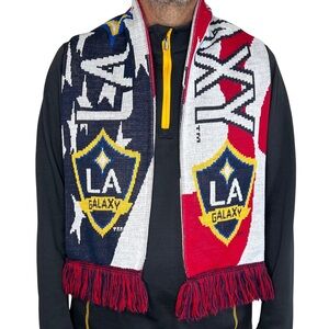 RARE LA Galaxy Crest Scarf Fringe Los Angeles Soccer Team Winter Knit Red Blue